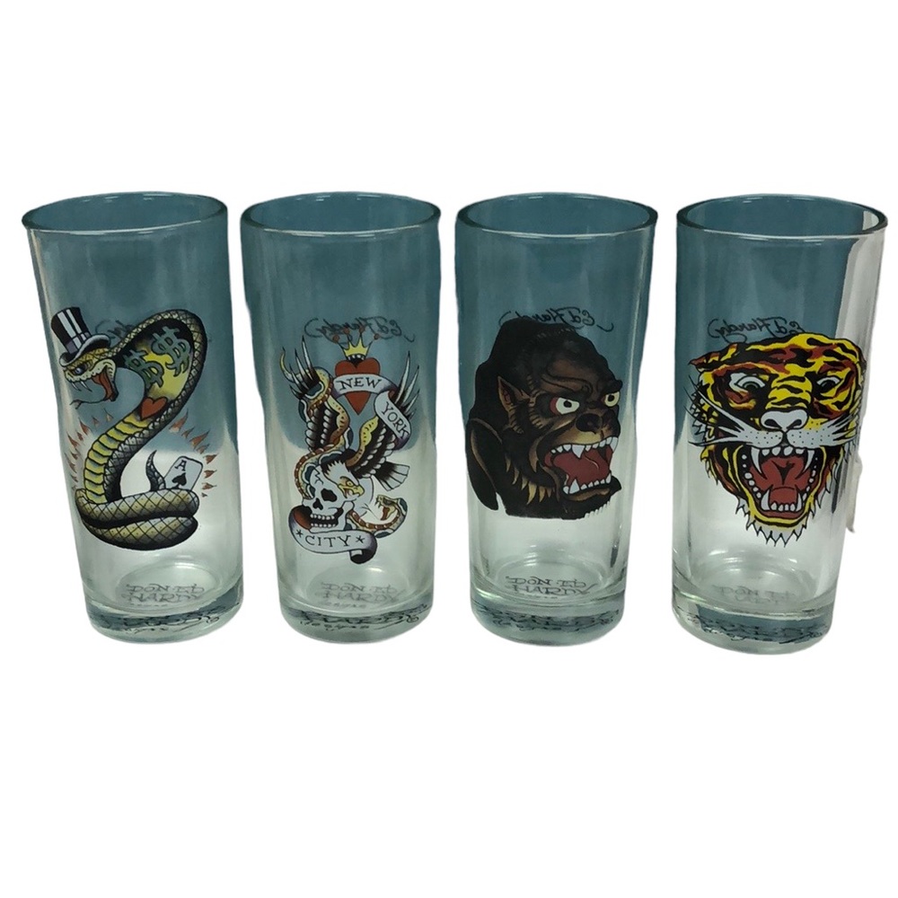Set of 4 DON ED HARDY BY CHRISTIAN AUDIGIER BEER GLASSES 6.5”‎ TALL 8 OZ. Lot